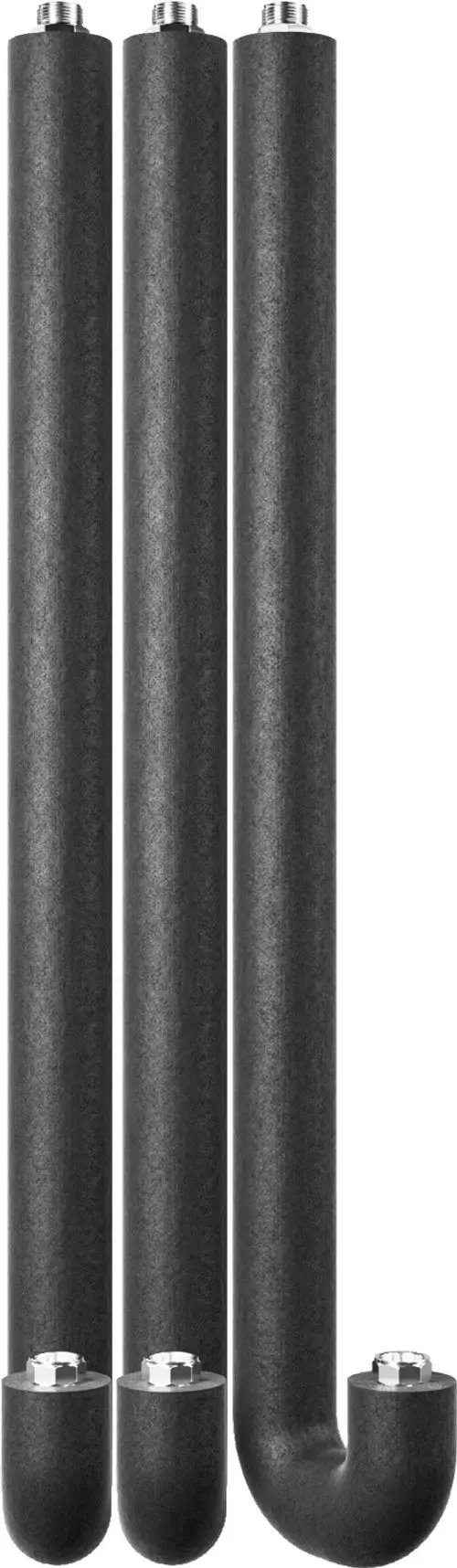 Drei schwarze Versorgungsrohre mit gedämmtem Design und einem gebogenen Rohr, hergestellt von Bosch, zur Verwendung in Wohnungsstationen.